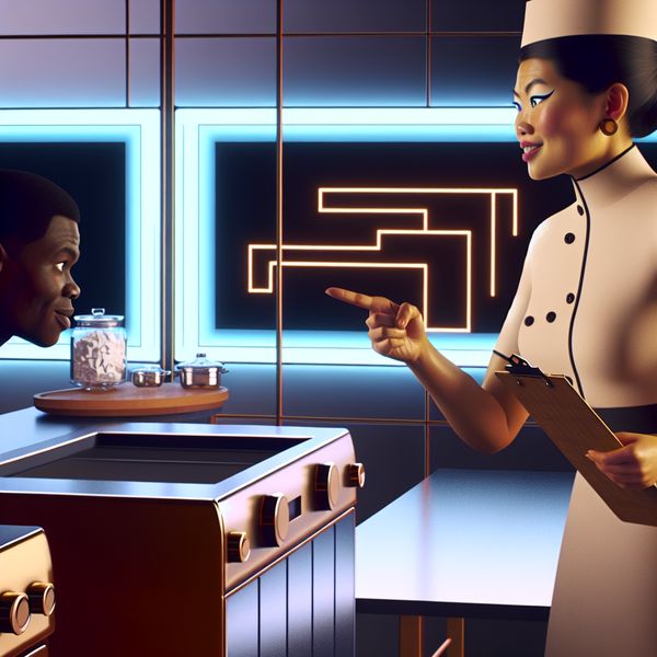 Chef-kok in Retro-Futuristische Keuken Bevelen Geven Een moderne retro-futuristische keuken met een zelfverzekerde chef-kok die een jonge kok een bevel geeft terwijl hij wijst met een clipboard.