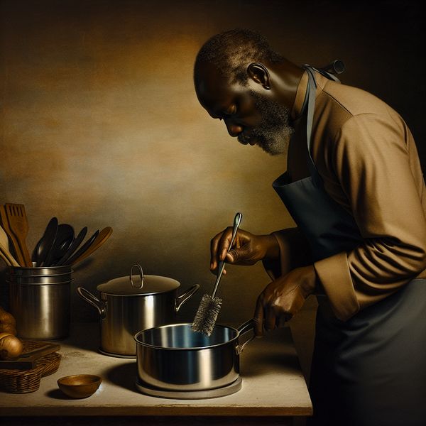 Chef-kok schoonmaakt pannen voor het koken Een chef-kok die aandachtig een pan schoonmaakt met een stevige draad in een warme, sfeervolle keuken