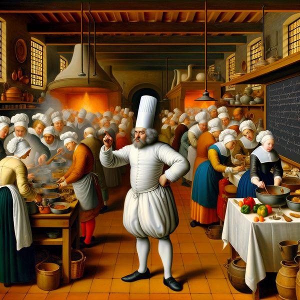 17e-eeuwse Nederlandse keukenscène met een chef-kok die een nieuw recept uitlegt aan keukenpersoneel in een druk restaurant