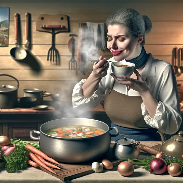 Een chef proeft met genoegen een kom soep in een gezellige keuken