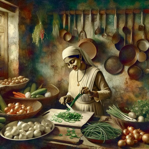 Chef Snijdt Groene Spriet in Een Nostalgische Keuken Een chef in een nostalgische keuken snijdt een dunne groene spriet met verse ingrediënten om zich heen.