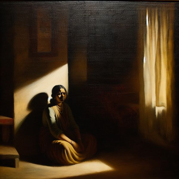 Een schilderij van een vrouw in een schemerige kamer, toont ontevredenheid
