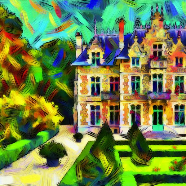 Groot en deftig landhuis in abstracte stijl van Karel Appel, omgeven door weelderige tuinen en met een sfeer van aristocratische elegantie