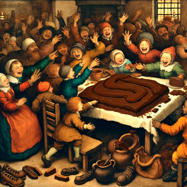 Chaotisch maar vrolijk Nederlands huishouden met kinderen die genieten van een grote chocoladeletter S tijdens een feestelijke gelegenheid