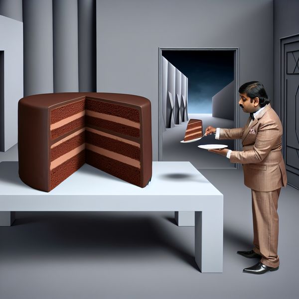 Chocoladetaart halveert met surrealistische achtergrond Hyperrealistisch beeld van chocoladetaart in Carel Willink stijl