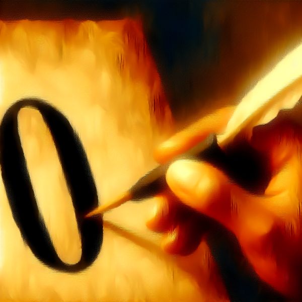 Hand met ganzenveer schrijft het cijfer 0 op perkament in levendige barokstijl