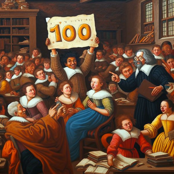17e-eeuwse Nederlandse genrescène van een chaotische maar warme klas met een trotse leerling die een rapport met het cijfer 100 toont, terwijl de leraar goedkeurend wijst
