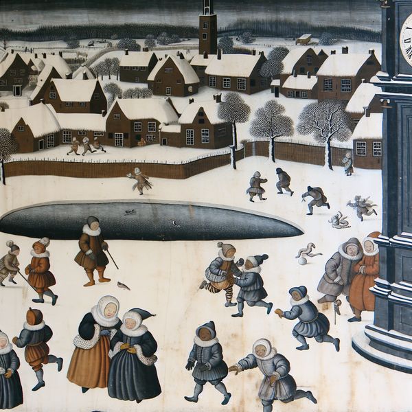 Cijfer 8 leren: winterse taferelen met getallen voor basisschool rekenen Kind in 17e-eeuwse winterkleding toont het cijfer 8 op papier bij een bevroren kanaal in een levendig Hollands dorp in de winter