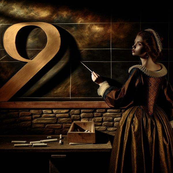 Jonge vrouw in 17e-eeuwse Nederlandse kleding schrijft het cijfer 9 met krijt op een schoolbord in een dramatisch verlichte klas