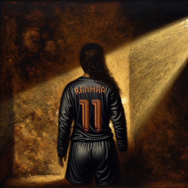 Voetballer in donker shirt met verlicht cijfer elf op de rug, dramatisch belicht in Rembrandt-stijl