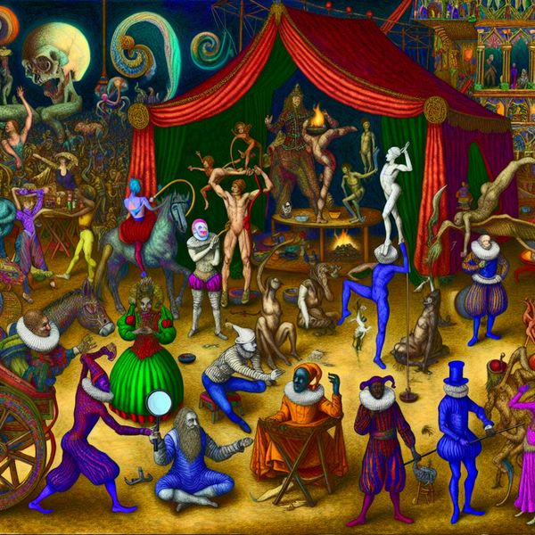 Circus Artiesten in Surrealistische Oefen Routine Surrealistische scène van een groep circusartiesten die trainen in een extravagante omgeving, met clowns, acrobaten en goochelaars, omringd door bizarre wezens.
