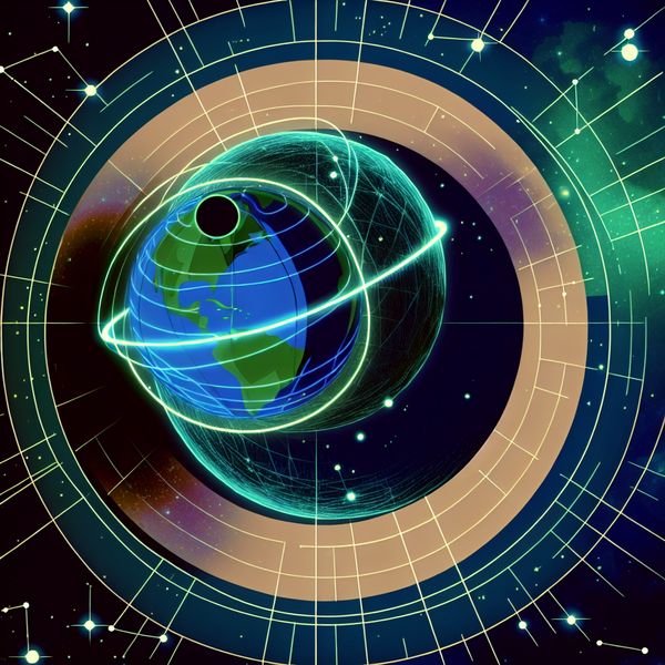 Een abstracte voorstelling van de Aarde en de Maan in een cirkelvormige beweging, met geometrische vormen en een sterrenhemel op de achtergrond.