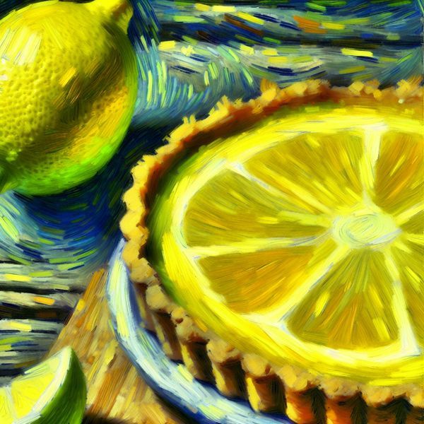 Schilderij in Van Gogh-stijl van een sappige citroentaartpunt op een houten tafel, met dikke penseelstreken en levendige kleuren die de frisse, zurige smaak benadrukken