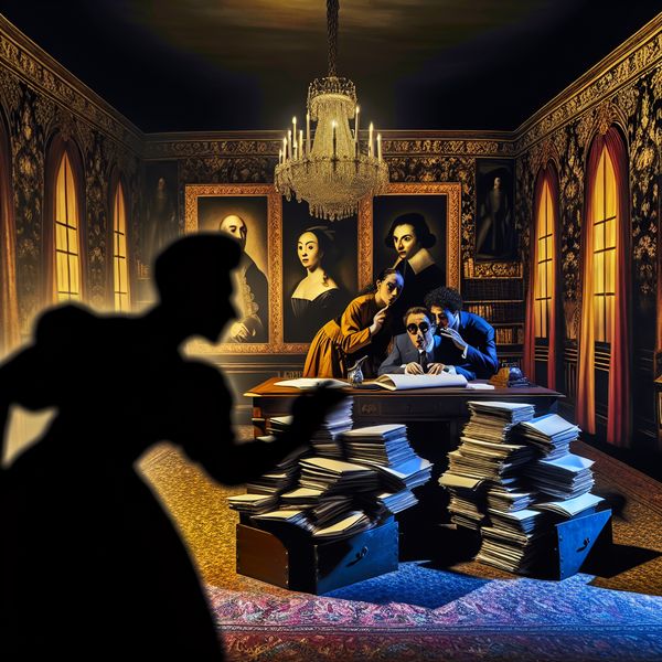 Clandestiene bijeenkomst in een Barok-omgeving Een stillevenscène van een schimmige ontmoeting in een Barok-stijl kantoor met een figuur die over een bureau met vertrouwelijke documenten leunt.
