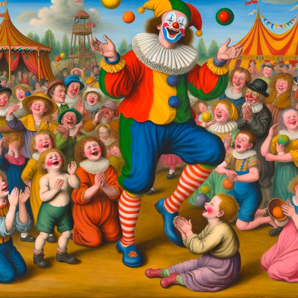 Vrolijke clown entertaint kinderen in de circus Levendige clown die kleurrijke ballen jongleert voor lachende kinderen in een circusomgeving.