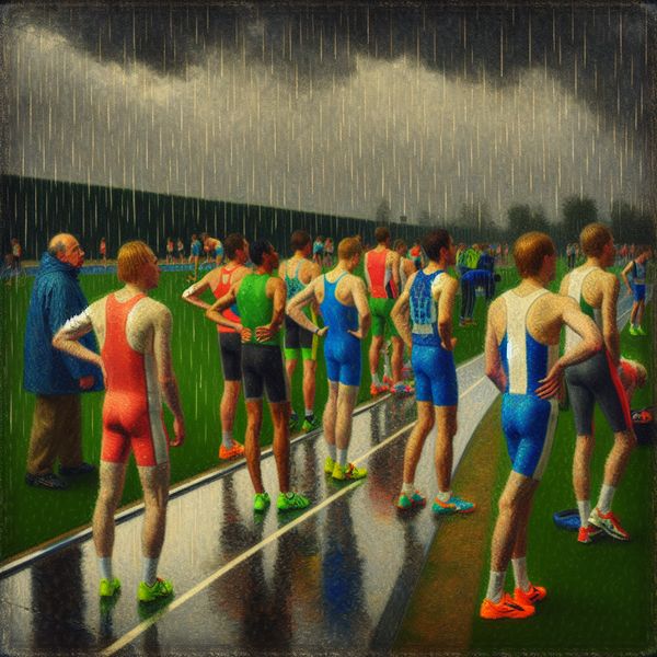 Coach beëindigt training door regen Een coach signaleert het einde van een training door hevige regen, met atleten die teleurgesteld en vastberaden zijn.