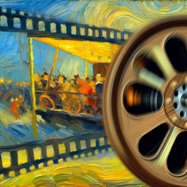 Coherente filmlus in schilderstijl van Frans Hals voor taalonderwijs Filmrol die naadloos overloopt in een continue lus, symbool voor coherentie en logische aansluiting in verhalen en redeneringen