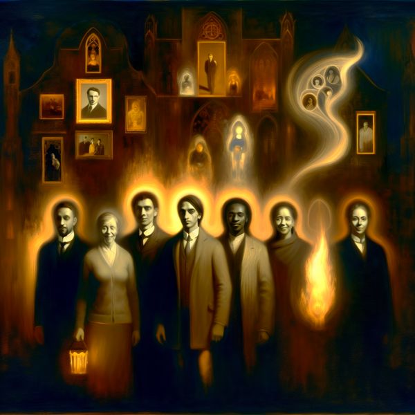 Collectief bezit en groepsidentiteit - Symboliek van 'van ons' in het Nederlands Symbolische voorstelling van collectief bezit met een groep mensen voor een groot huis, omringd door gedeelde herinneringen en persoonlijke objecten in een mysterieuze sfeer