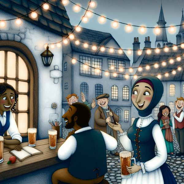 Collega's borrelen buiten een vintage pub Een groep diverse collega’s staat buiten een vintage pub, lachend en met drankjes in de hand, onder sfeervolle fairy lights.