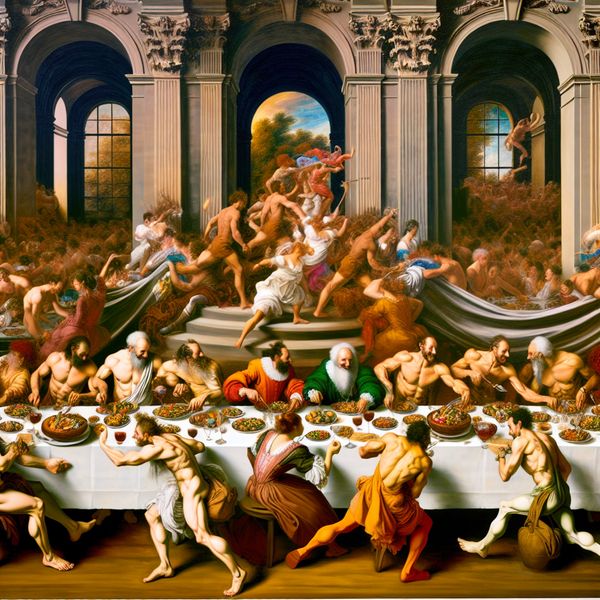 Barokke voorstelling van een levendige lunchpauze met collega's in een weelderige bedrijfskantine, geïnspireerd op Peter Paul Rubens
