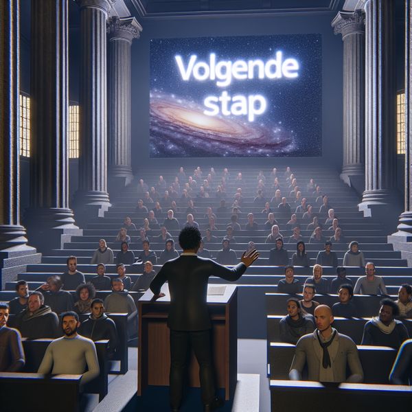 Een hyper-realistische afbeelding van een grote collegezaal met een spreker aan een lessenaar, die naar een scherm wijst met de tekst 'volgende stap'.