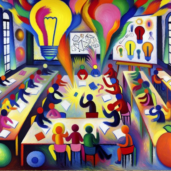 Abstracte afbeelding van studenten in een klaslokaal die rond een grote tafel ideeën brainstormen voor een project, weergegeven met kleurrijke vormen en energie.