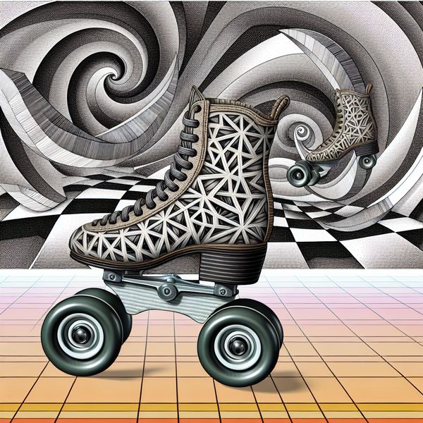 Comfort van Rolschaatsen: Geometrische en Optische Illusies Een paar rolschaatsen met geometrische en optische illusiepatronen die in een dynamische houding zijn weergegeven, met een achtergrond die doet denken aan de stijl van M.C. Escher.