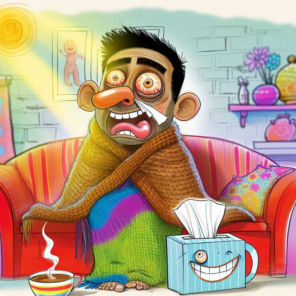 Comfortabel Ziek Zijn met Humor in Cartoonstijl Een cartoonfiguur zit comfortabel op een bank onder een deken, met een vrolijke uitdrukking, naast een lachende tissue doos en een dampende kop thee.