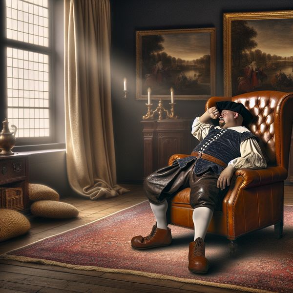 17e-eeuwse Nederlandse woonkamer met een comfortabele leren armstoel (zetel) waarin een vermoeide man rust, omgeven door warme texturen en zacht gouden licht