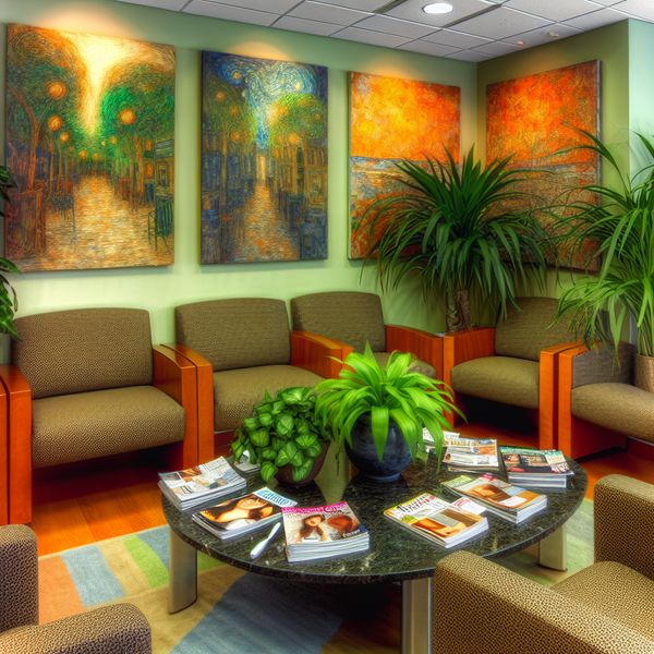 Comfortabele wachtkamer voor patiënten met Van Gogh-stijl schilderijen Gezellige wachtkamer met comfortabele stoelen, een salontafel vol tijdschriften en weelderige groene planten, verrijkt met levendige schilderijen in de stijl van Van Gogh.