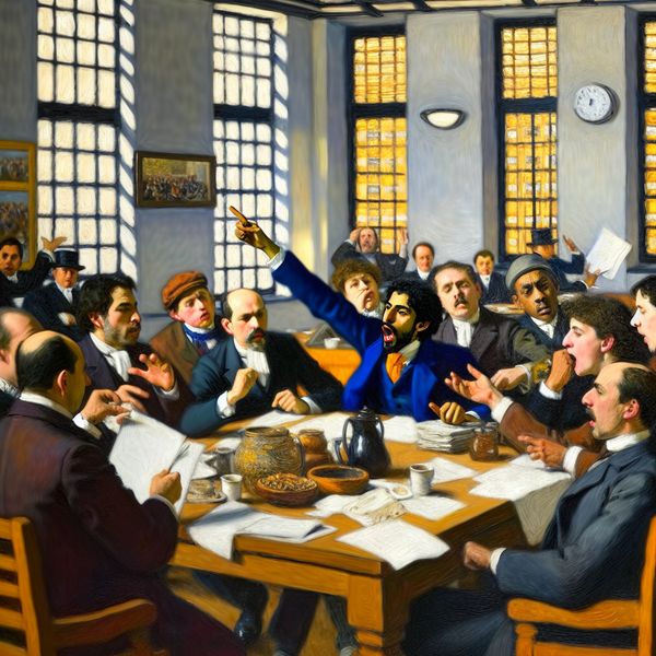 Diverse commissie vergadering met enthousiasme en besluitvorming Groep diverse mensen rondom een grote tafel tijdens een levendige vergadering, met een persoon in het midden die enthousiast een hand opsteekt.