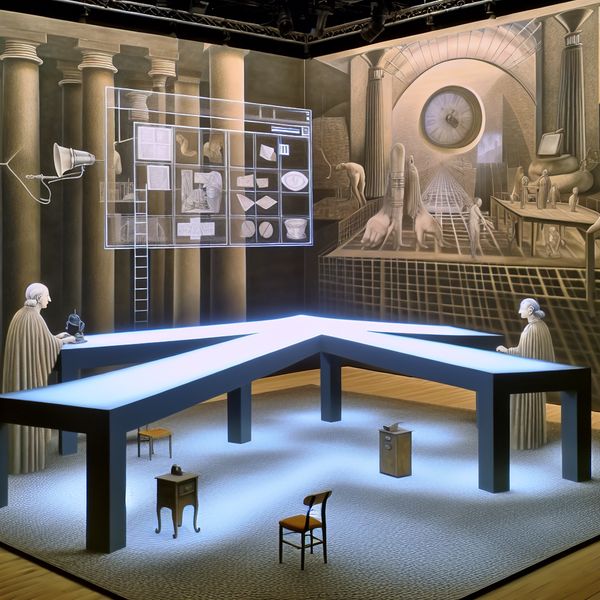 Communicatie in Relaties: Een Hyper-realistisch Perspectief Een hyper-realistisch perspectief van een grote, open ruimte met twee monumentale figuren die elkaar tegenover een lange tafel aan het gesprek zijn. De tafel is bezaaid met verschillende communicatiemiddelen zoals een vintage telefoon, een laptop die een e-mail toont en handgeschreven brieven.