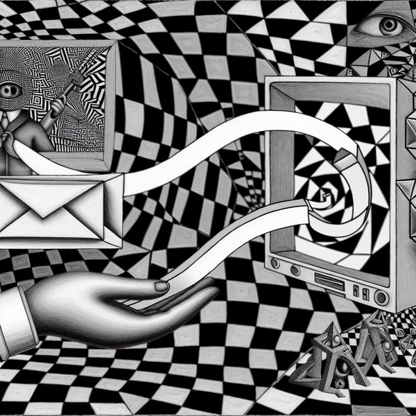 Communicatie via media en kanalen - Surrealistische Escher-stijl illustratie Surrealistische illustratie van communicatie via verschillende media, zoals e-mail en televisie, in de stijl van M.C. Escher met geometrische patronen en optische illusies