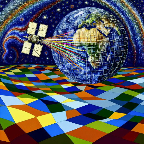 Fantastische communicatiesatelliet en geometrische aarde Een surrealistische illustratie van een communicatiesatelliet die kleurrijke datastromen naar een geometrische aarde straalt, met elementen geïnspireerd door M.C. Escher.