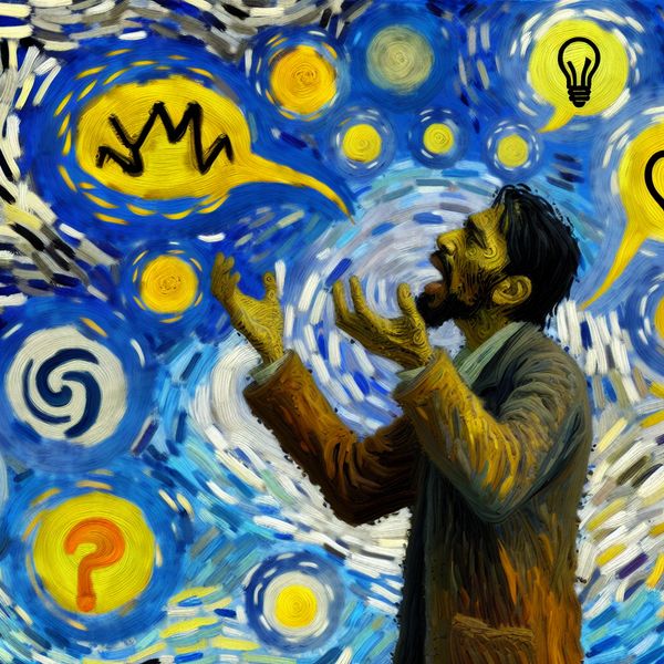 Emotionele communicatiestrijd in Van Gogh-stijl - leren begrijpen wat iemand bedoelt Expressieve Van Gogh-achtige schildering van een persoon die moeite heeft om duidelijk te communiceren, met abstracte spraakwolken en verwarrende gebaren
