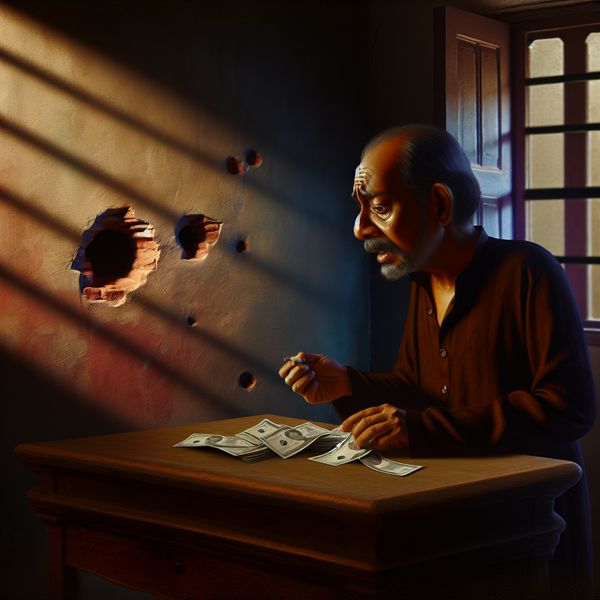 Compensatie geven voor fouten in een drama Een man met een bezorgde uitdrukking die nerveus geld telt op een houten tafel in een zwak verlichte kamer.