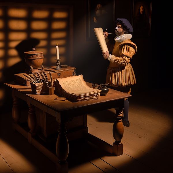Compleet document afgerond - Nederlandse taal en cultuur in Rembrandt-stijl 17e-eeuwse Nederlandse geleerde met een volledig ingevuld document bij kaarslicht, symbool voor compleetheid en voltooiing