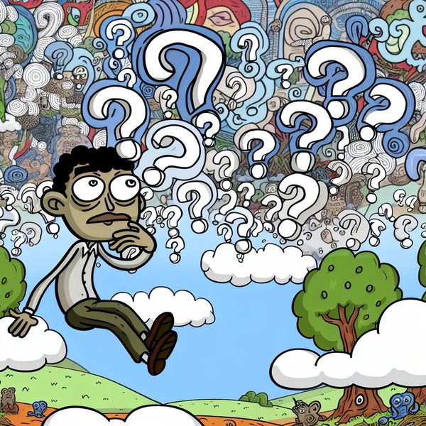 Een cartoonachtige afbeelding van een personage dat in gedachten verzonken is, zwevend in een surrealistisch landschap vol met zwevende vraagtekens en abstracte levenssymbolen.