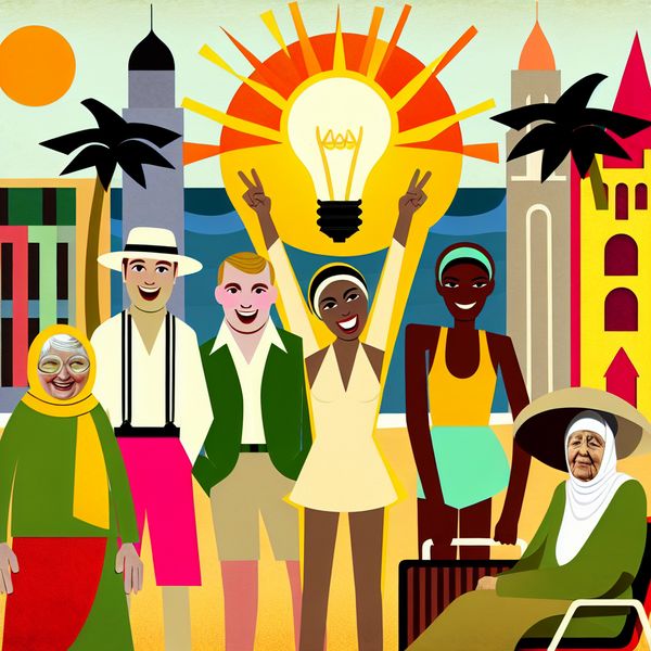 Compliment geven met vrolijke vakantie-illustratie in Dick Bruna-stijl Minimalistische illustratie van een vrolijke groep mensen op vakantie met een grote gedachtewolk met een gloeiende lamp, symboliserend voor een geweldig idee of compliment