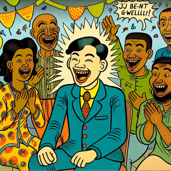 Vrolijke scène van waardering en complimenten in cartoonstijl Een persoon staat centraal in een kleurrijke cartoonachtige scène, omringd door blije vrienden die complimenten geven, met een vriend die een trofee vasthoudt en een andere met een banner 'Jij bent geweldig!'.