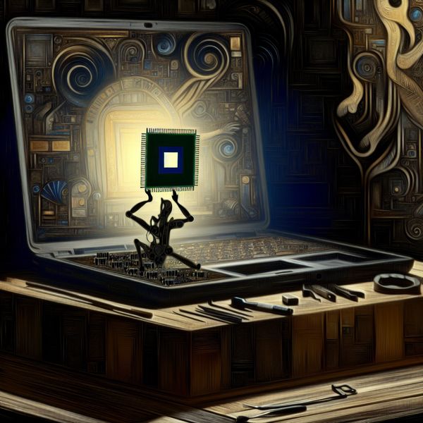 Computerchip vervaning in laptop - Technologie en Innovatie Donker verlichte illustratie van een computerchip die voorzichtig wordt vervangen in een open laptop, omgeven door gereedschap en afgemonteerde onderdelen.