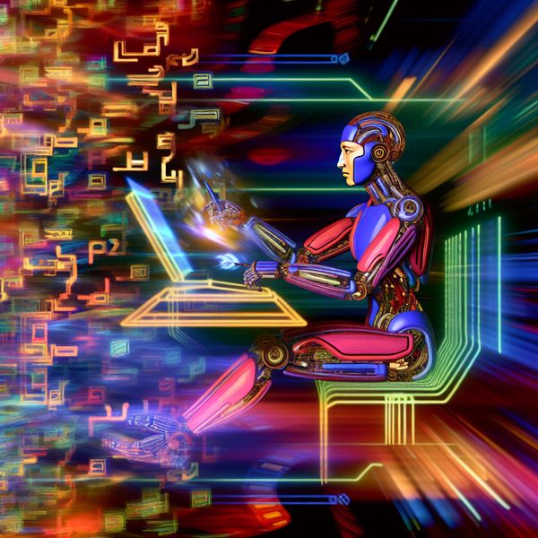 Abstract expressionistisch kunstwerk van een hybride mens-machine figuur die als computerondersteunde vertaler werkt met holografische taalschermen en dynamische tekstfragmenten