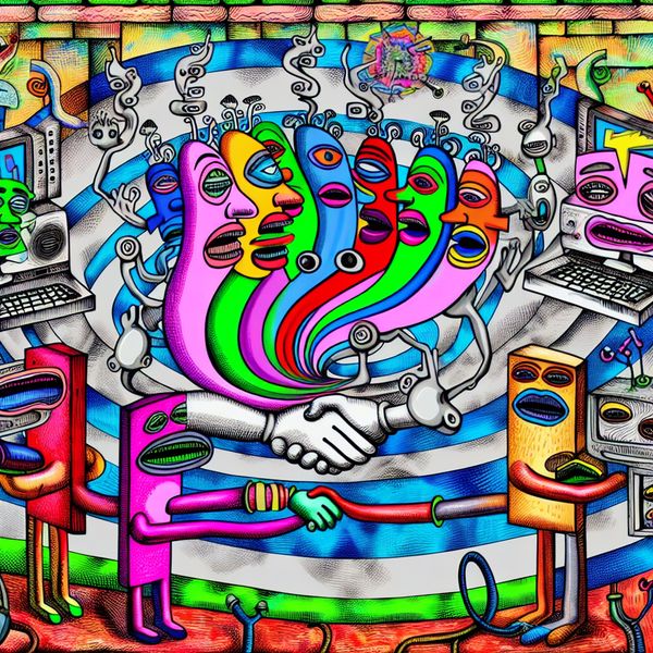 Een speelse cartoon van kleurrijke computers en laptops met verschillende gezichten die communiceren in een levendige kamer.