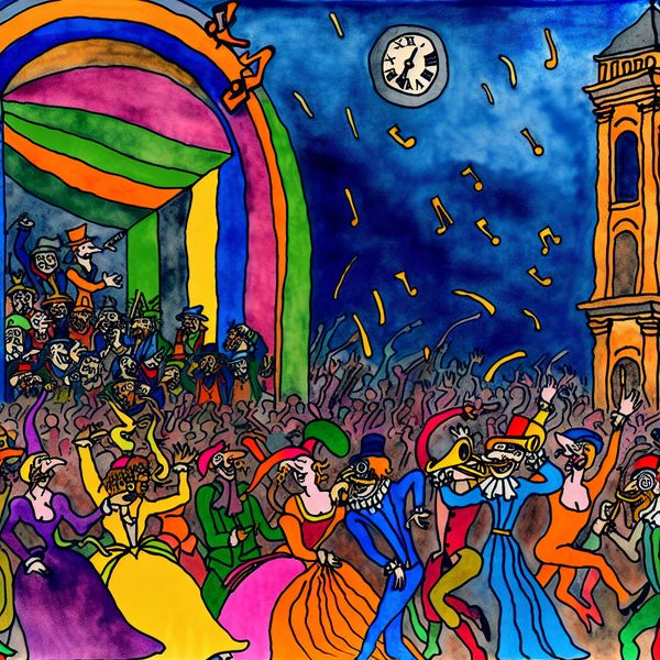 Kleurrijk concert met klok en dansende personages Een levendige cartoonachtige voorstelling van een concert met dansende personages en een klok die bijna middernacht aangeeft.