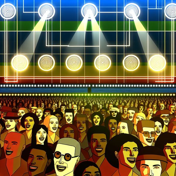 Concertscene met Duizend Mensen in Retro-Futuristische Stijl Artistieke weergave van een concertscene met duizend diverse mensen die van de muziek genieten, in een retro-futuristische stijl.