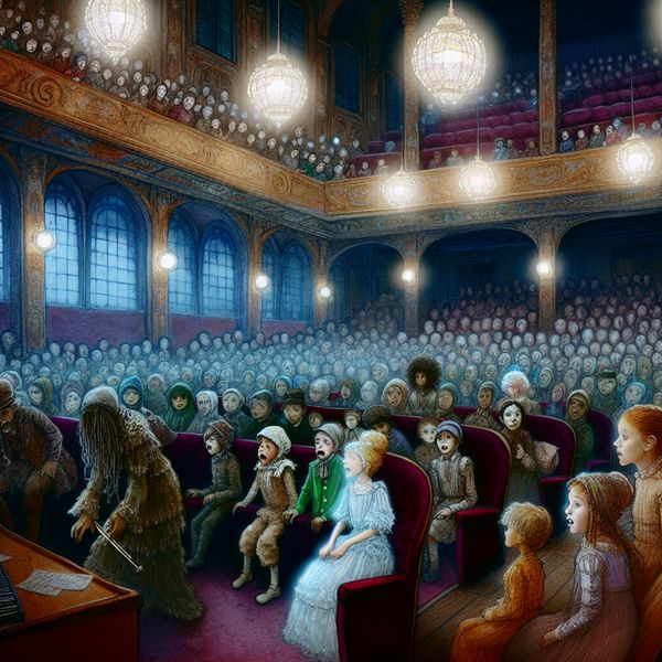 Spanning in de Concertzaal - Voorbereidingen voor een Voorstelling Een levendige zaal met een enthousiast publiek dat wacht op een voorstelling, waarbij kinderen fluisteren en verlangen naar de muziek.