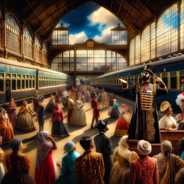 Majestueuze conducteur op druk treinstation Een grote conducteur in het middelpunt van een druk treinstation, die zijn hand opsteekt om een belangrijke aankondiging te maken.