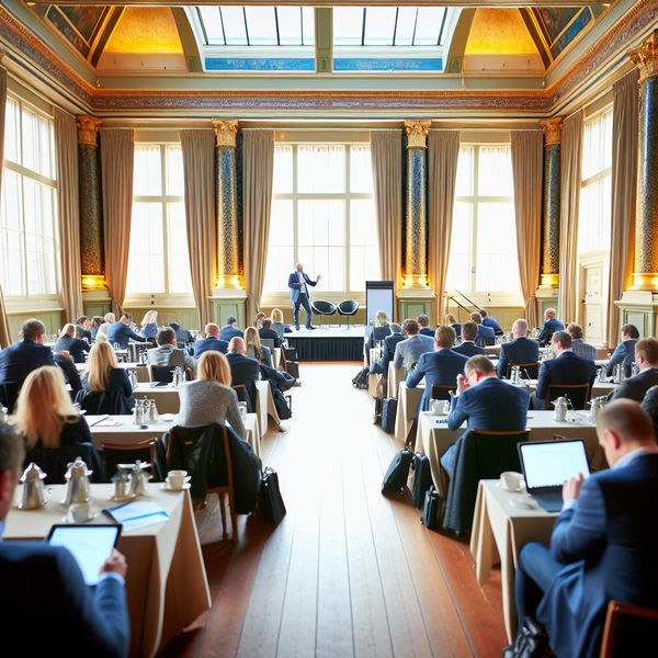 Conferentie met spreker in elegant decor Een serene conferentie met deelnemers die aandachtig naar een spreker luisteren in een elegant versierde zaal