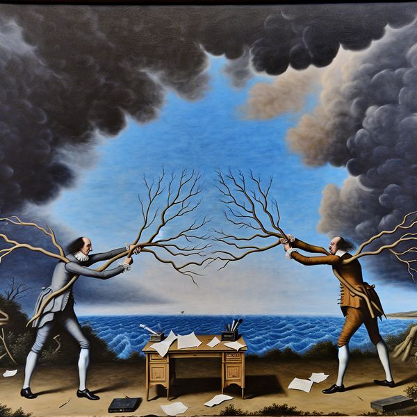 Symbolisch Conflict tussen Collega's in Dramatische Landschap Twee bomen die collega's symboliseren, met uitgestoken takken tegenover elkaar onder een stormachtige lucht, wat conflict voorstelt.