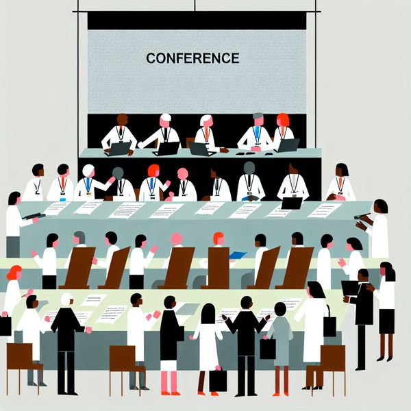 Congres over Duurzame Energie: Wetenschappers in Actie Een flat, minimalistische illustratie van wetenschappers die samenkomen op een congres over duurzame energie, met een diverse groep mensen die in professionele kleding actief discussiëren.